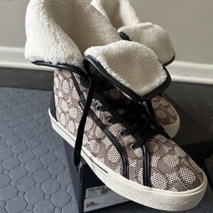 Coach Fold-over Jacquard Black and Brown Lace-Up Boots